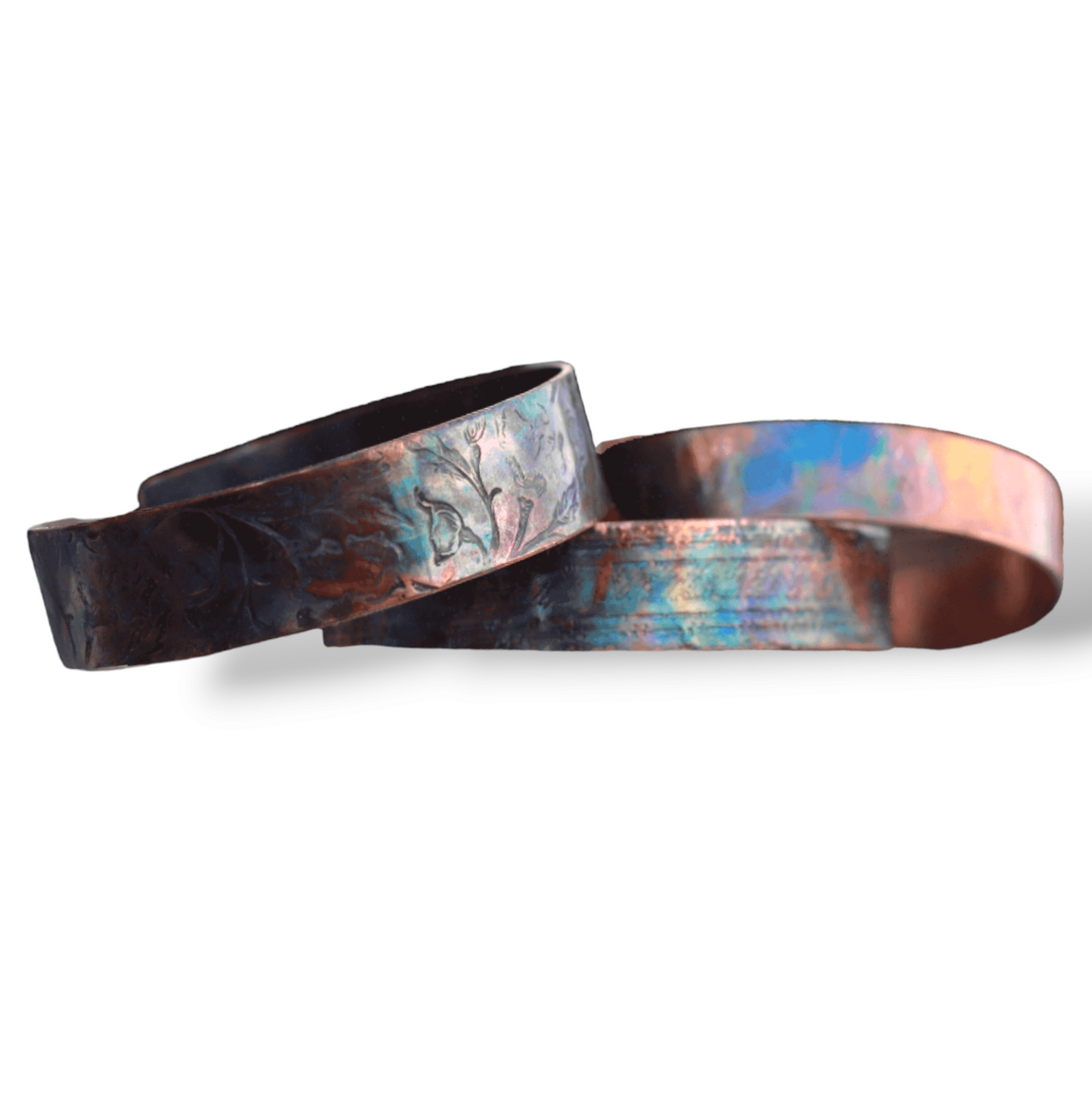 3 Copper Cuff Bracelets embosses and multicolored.