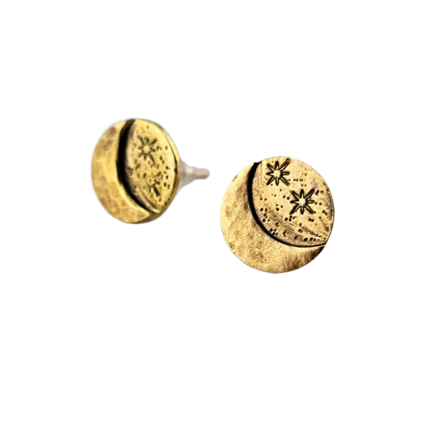 Close up of Circle Gold Stud Moon Earrings by Jaclyn Nicole