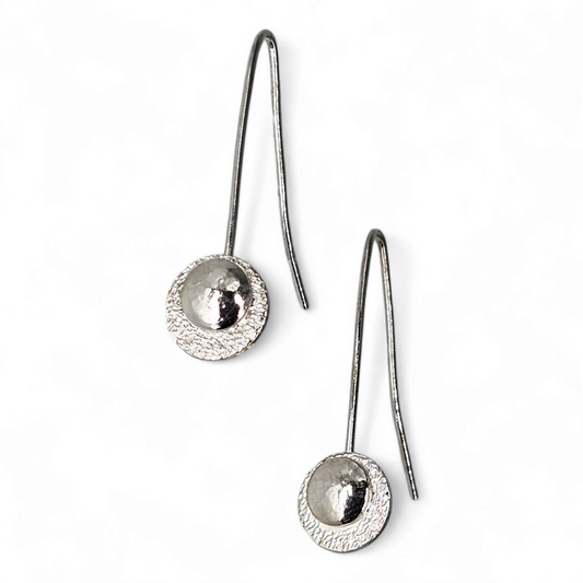 Silver Drop earrings featuring stars disc and domed and textured moon.