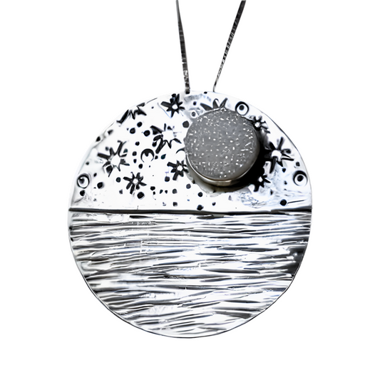 Handmade sterling silver moonlit seascape necklace with Druzy Quartz as the moon.