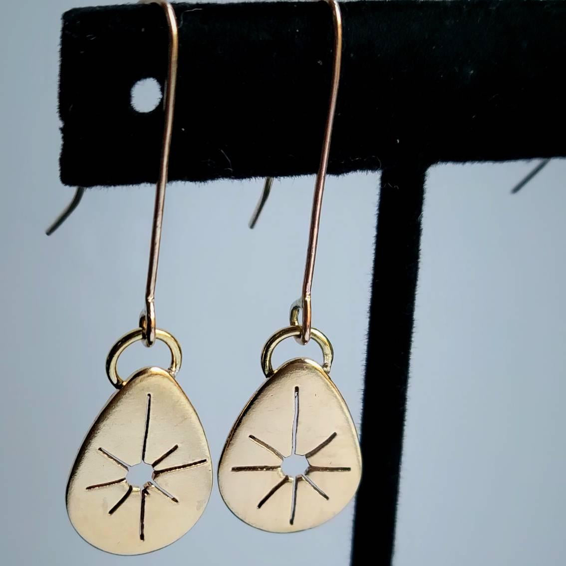 Sun Drop Earrings with sun burst in solid brass by Jaclyn Nicole