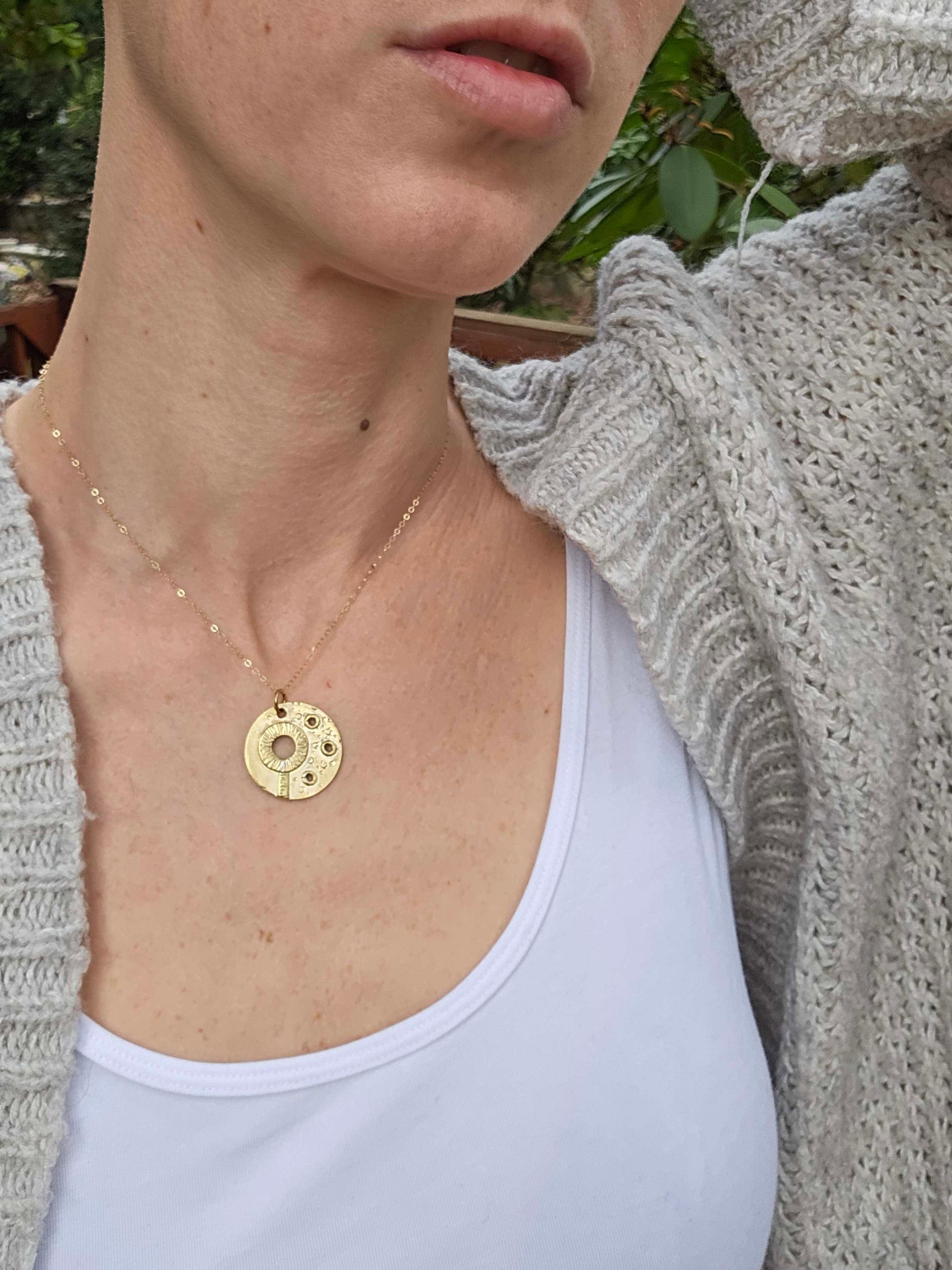 Gold Bubble Breathing Necklace modeled by woman