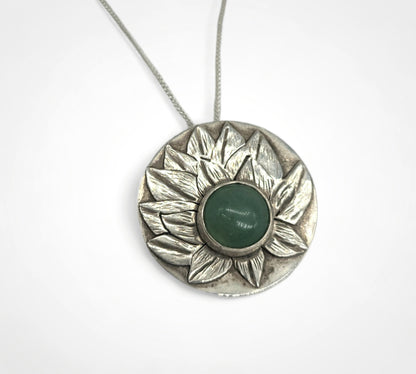 Double layer lotus flower necklace in sterling silver with aventurine crystal at it's center handmade by inspirational jewelry artist Jaclyn Nicole