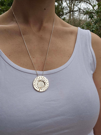 One of a kind handcrafted dandelion necklace in Sterling Silver and Brass