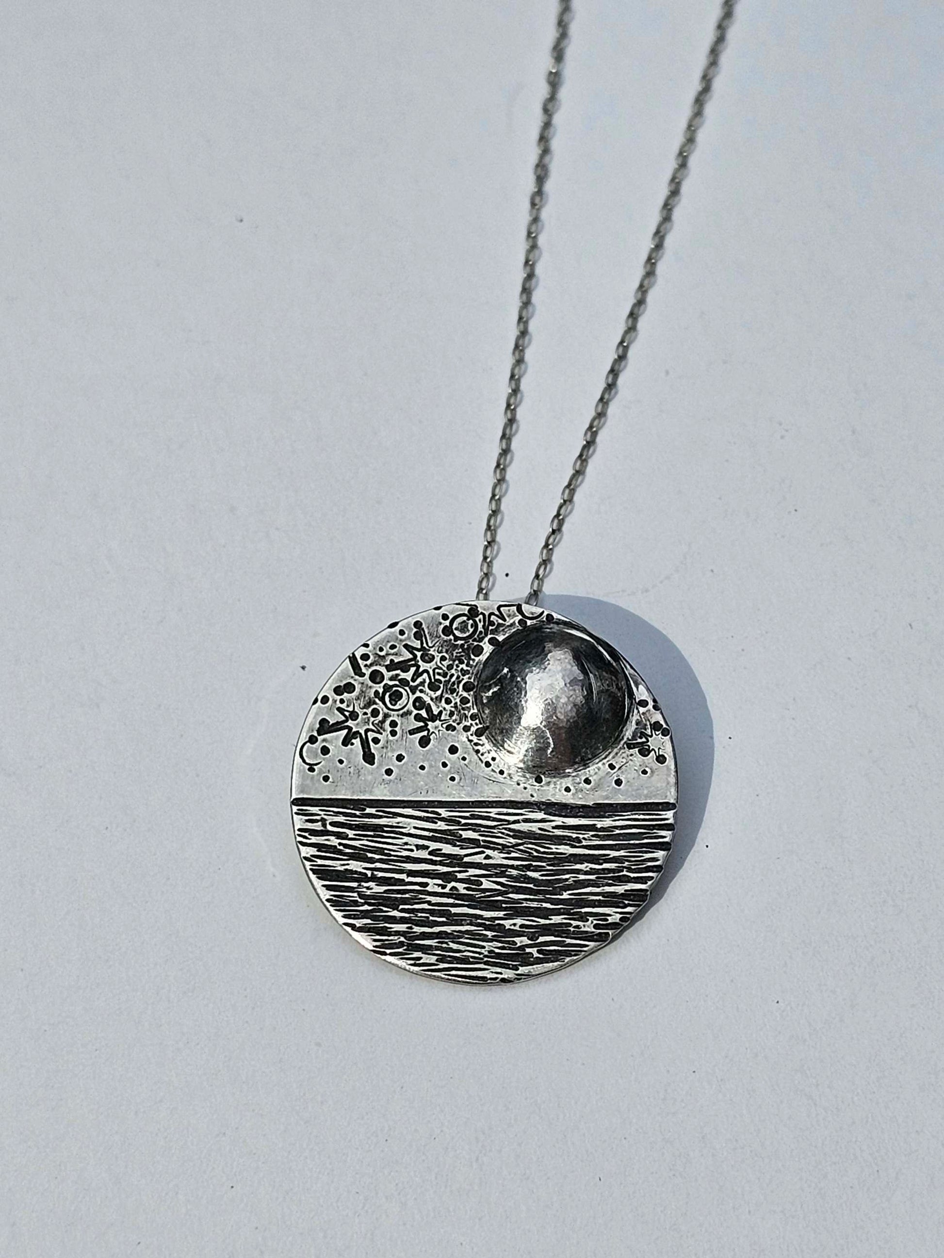 Reflections domed moon necklace seascape in sterling silver 