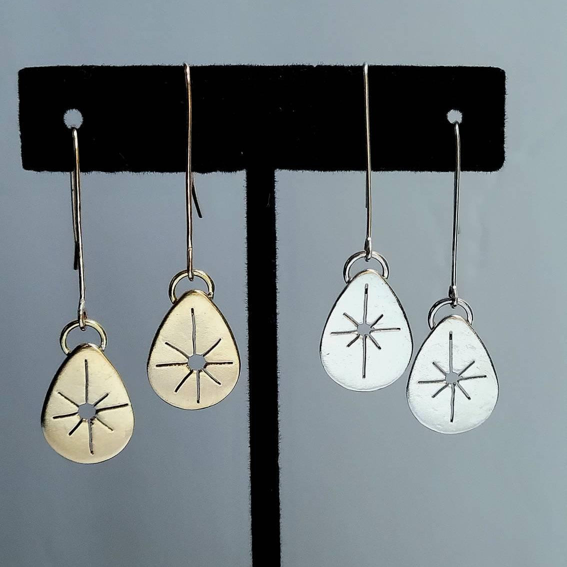 Sun Drop Earrings with sun burst at the center to practice perspective taking